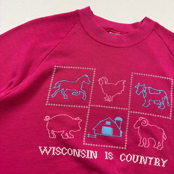 Vintage 90s Wisconsin Is Country Pink Crewneck Sweatshirt, Size Large - Picture 5 of 7